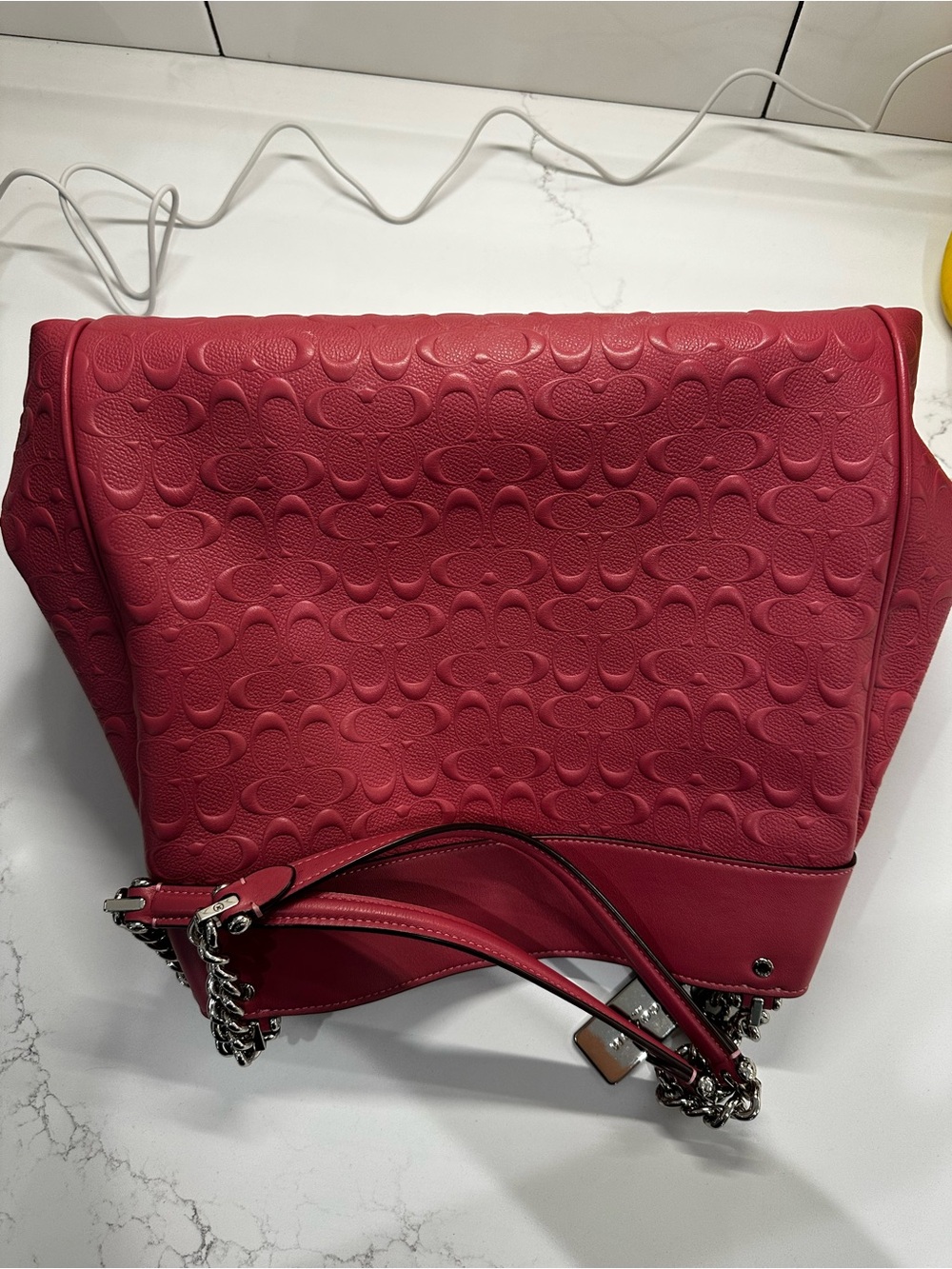 Coach pink Embossed Leather Tote with Chain-Detail - Picture 4 of 12